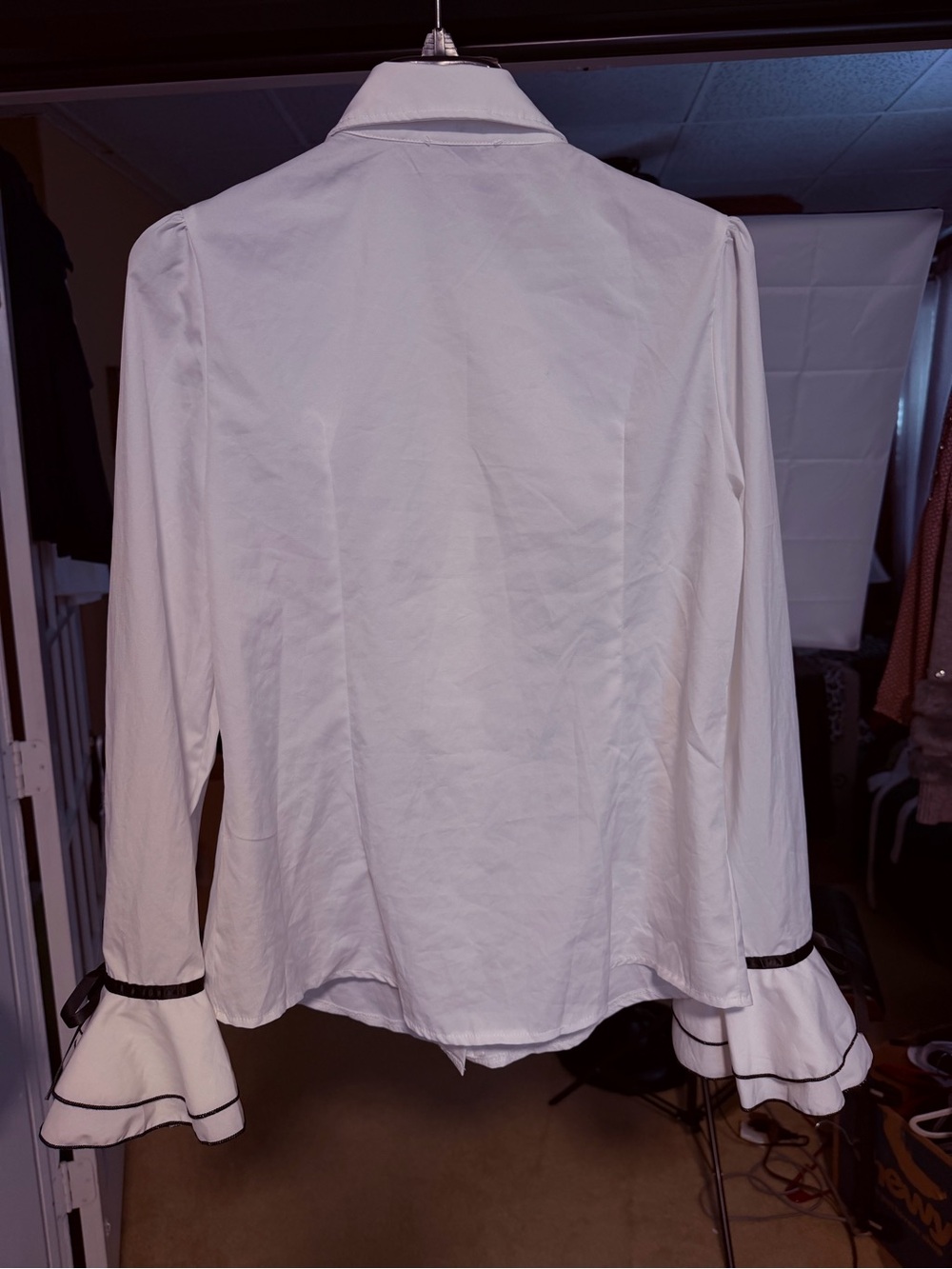 SHEIN White Ruffle Button-Down Blouse with Black Trim - Picture 5 of 11